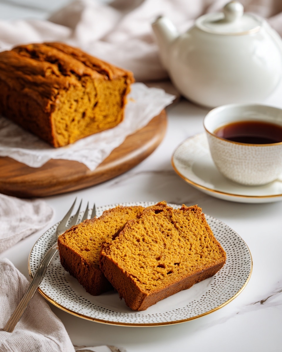 Two thick slices of golden brown pumpkin bread with a soft and moist texture are placed side by side on a white plate with small gray dots and a thin gold rim. Behind the plate, a large loaf of the same pumpkin bread rests on white parchment paper on a wooden board. To the right, a white teapot with subtle raised dots and a curved spout sits next to a white cup and saucer decorated with small gray dots and gold trim, filled with dark tea. A silver fork lies on the white marbled surface near the plate. The background features a soft white fabric adding to the cozy setting. photo taken with an iphone --ar 4:5 --v 7