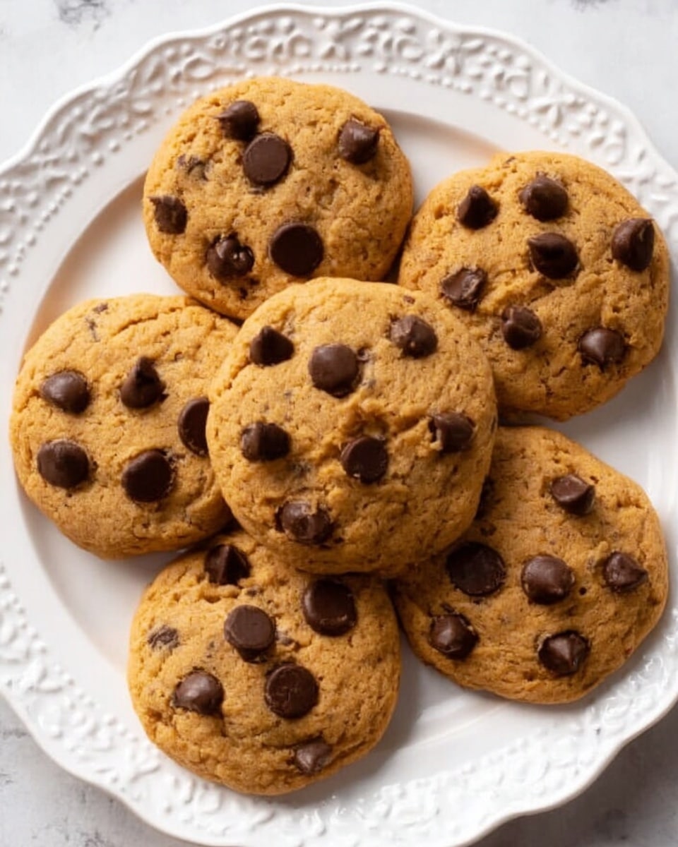 The image shows six round chocolate chip cookies on a white plate with a decorative edge. The cookies are light brown and textured with soft, slightly rough tops and dark brown chocolate chips scattered on each cookie’s surface. The plate is set on a white marbled background, giving a clean and bright look. photo taken with an iphone --ar 4:5 --v 7