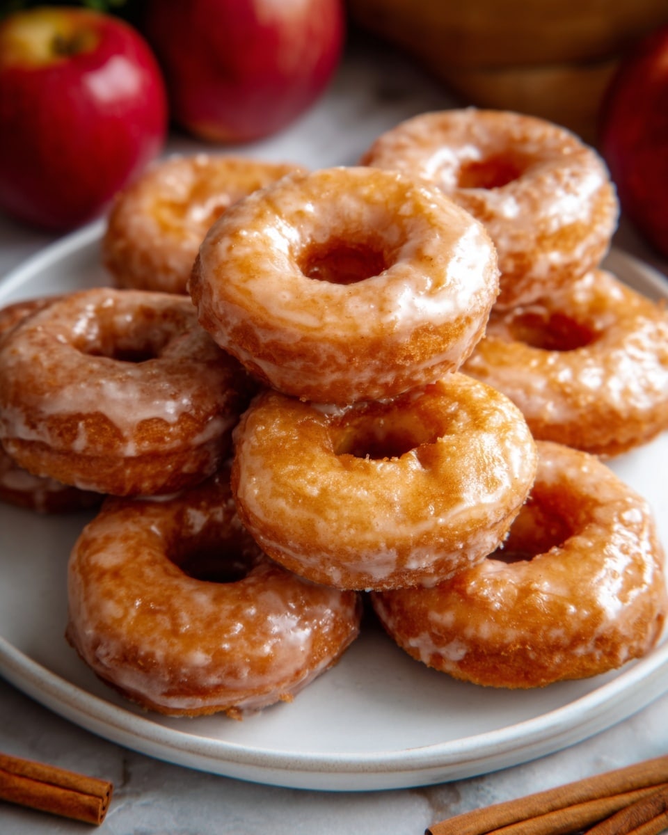 A white plate filled with about ten small donut rings stacked unevenly, each donut coated with a shiny light brown glaze giving a slightly rough texture. The donuts have a soft, fluffy look with a few slight cracks showing. Around the plate, several whole red and green apples are placed on a white marbled surface. The overall scene has warm, natural lighting highlighting the glazed texture of the donuts and the smoothness of the apples. photo taken with an iphone --ar 4:5 --v 7