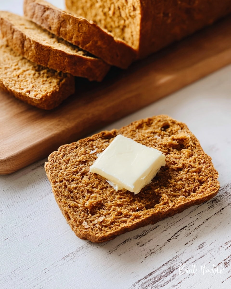 A close-up image shows a loaf of brown bread partly sliced on a wooden board placed on a white marbled surface. In the foreground, one slice of the bread lies flat with a square pat of pale yellow butter melting slightly on top. The bread texture looks soft and well-baked with a porous crumb. The image captures warm natural light highlighting the bread's warm brown tones and the smooth surface of the butter. photo taken with an iphone --ar 4:5 --v 7