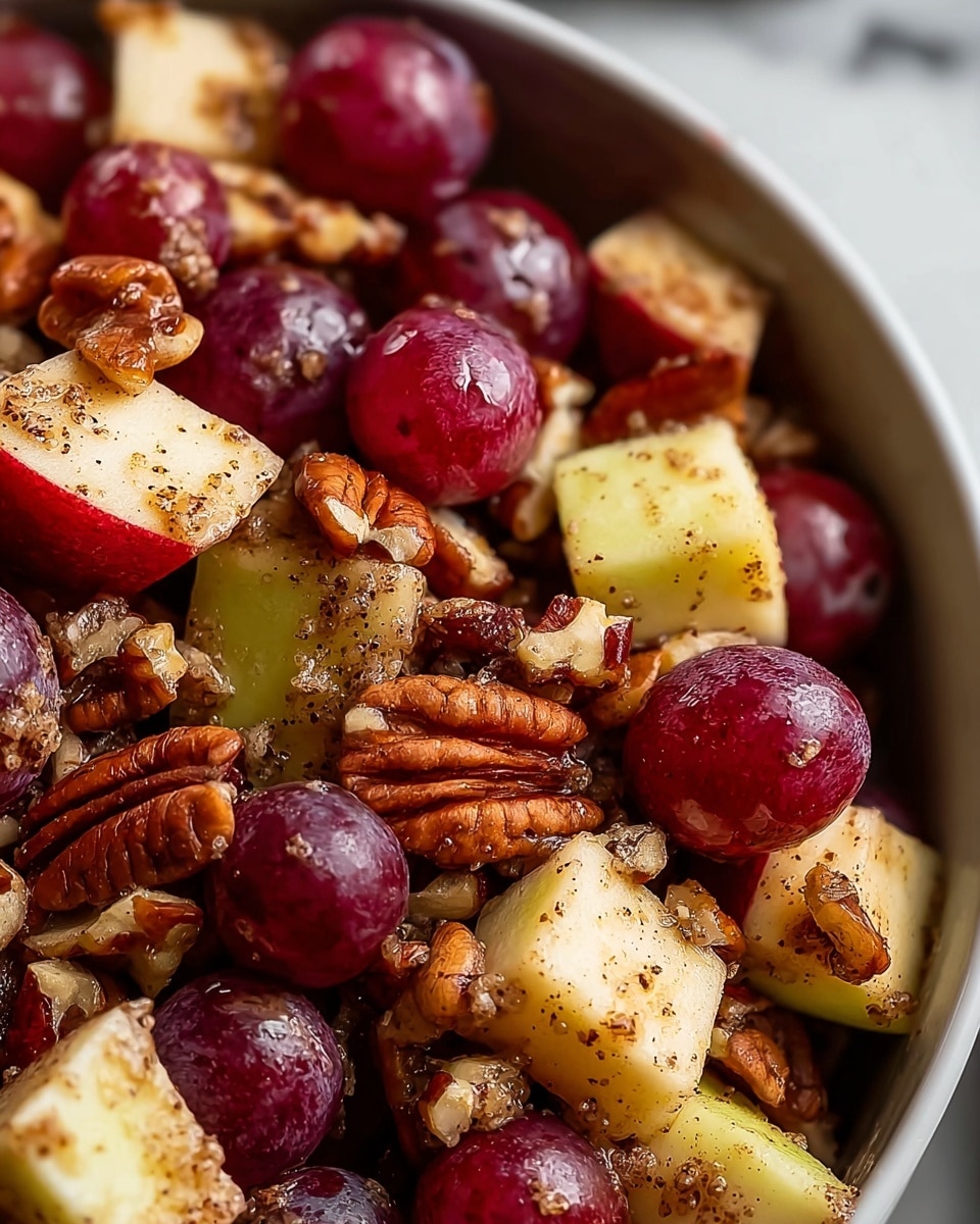 Close-up view of a fruit and nut mix showing three layers: scattered whole red grapes with smooth, shiny surfaces in deep purple color; small chunks of apple with pale yellow flesh and a hint of green skin; and mixed nuts including brown pecan halves and beige walnut pieces with a rough texture. The fruit and nuts seem coated lightly in a powdery brown spice, giving a speckled look on many pieces. All the ingredients fill a white bowl that rests on a white marbled surface. photo taken with an iphone --ar 4:5 --v 7