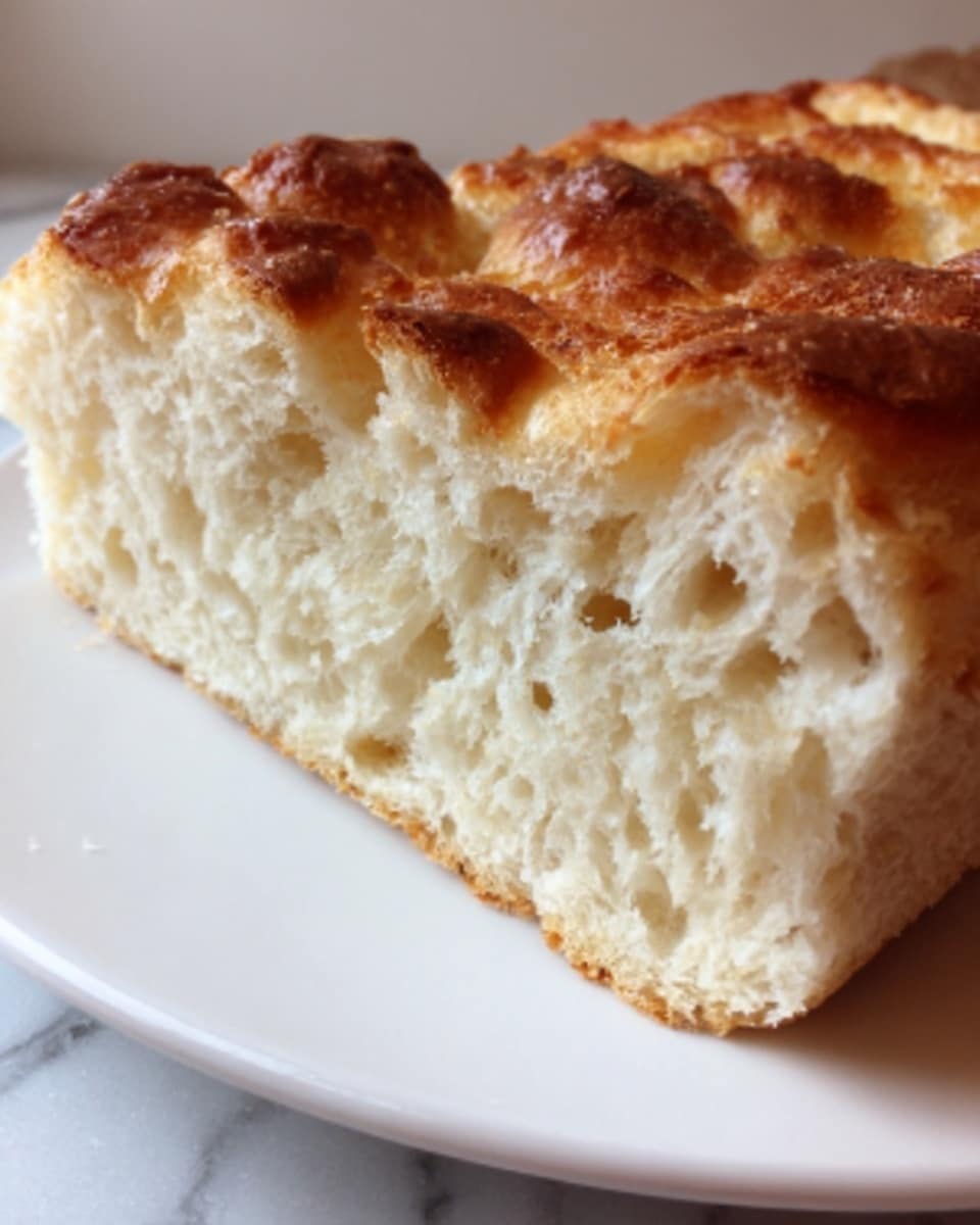 The image shows a close-up of a slice of focaccia bread on a white plate, set on a white marbled surface. The bread has a golden-brown, slightly crispy crust on top with a textured, uneven surface marked by small dimples and some darker browned spots. The inside is soft and airy with a pale cream color, featuring large, irregular air pockets that show its light and fluffy texture. The slice is thick and looks fresh and inviting. Photo taken with an iphone --ar 4:5 --v 7