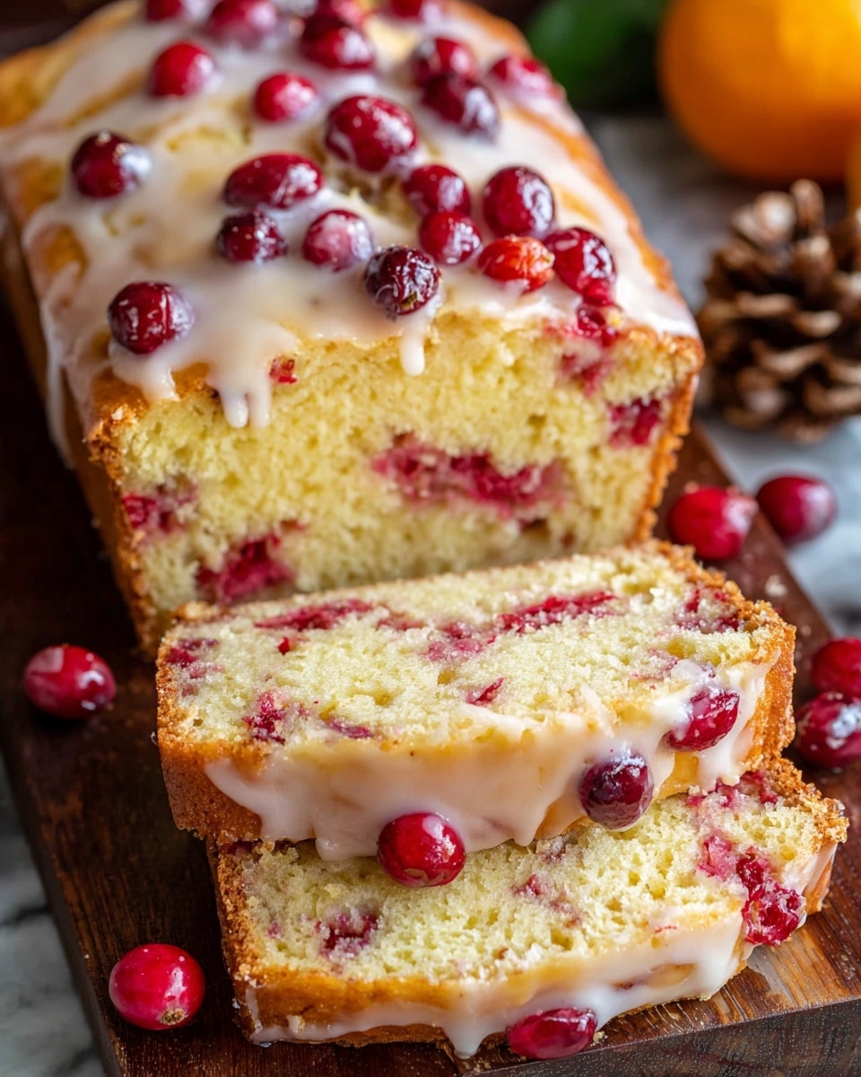 The image shows a loaf cake with two main layers: the base layer is a light golden, soft cake speckled inside with dark red berries spread evenly, and the top layer is a shiny white glaze dripping down the sides with whole bright red berries embedded on top. A thick slice is cut from the loaf, sitting in front, showing the moist texture and berry distribution inside. The cake rests on a handle-shaped dark wooden board against a white marbled texture, surrounded by whole berries, pine cones, and blurred orange fruits in the background. Photo taken with an iphone --ar 4:5 --v 7