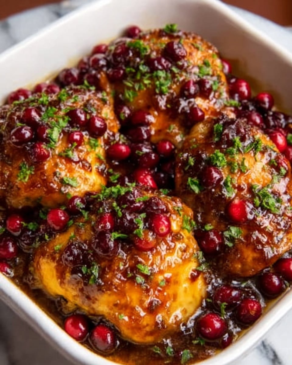 A white dish filled with several pieces of golden-brown chicken covered in a thick, shiny sauce with dark red berries on top and sprinkled with small bright green herbs. The glaze on the chicken looks sticky and smooth, and the chicken pieces are placed close together, soaking in the sauce at the bottom of the dish. The background shows a white marbled texture. Photo taken with an iphone --ar 4:5 --v 7