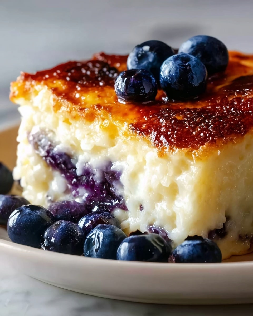 The image shows a thick slice of rice pudding with a golden-brown top layer that looks slightly crispy and caramelized. Below the top, there is a creamy white rice layer mixed with some purple-blue bits of blueberry filling visible inside. The top is decorated with fresh, plump blueberries scattered around. The dish is served on a white plate set on a white marbled surface. The lighting highlights the textures of the crispy top and the soft, moist rice inside. Photo taken with an iphone --ar 4:5 --v 7