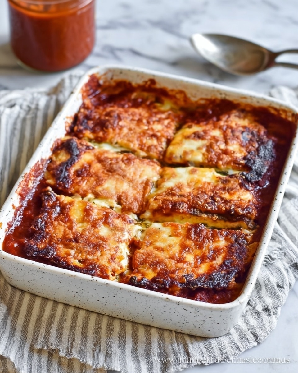 A white square baking dish holds a baked layered casserole with five visible pieces. The top layer is golden brown and crispy melted cheese with some light browning, covering a deep red sauce with a thick texture peeking around the edges. The layers underneath are not fully visible but the dish looks rich and hot, with the sauce slightly bubbling over the sides of the dish. The baking dish is set on a folded cloth with gray and white stripes on a white marbled textured surface, next to a glass container of red sauce and a silver spoon. photo taken with an iphone --ar 4:5 --v 7