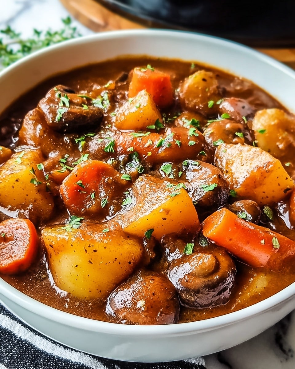 A white bowl filled with thick vegetable stew showing three visible layers: the bottom layer has a rich brown broth with small herbs, the middle layer consists of soft light yellow potato chunks, and the top layer includes bright orange carrot pieces and bits of dark brown mushrooms, all mixed well and garnished with small green parsley leaves. The bowl sits on a black and white striped cloth on a white marbled surface, with warm lighting highlighting the glossy, hearty texture of the stew. photo taken with an iphone --ar 4:5 --v 7