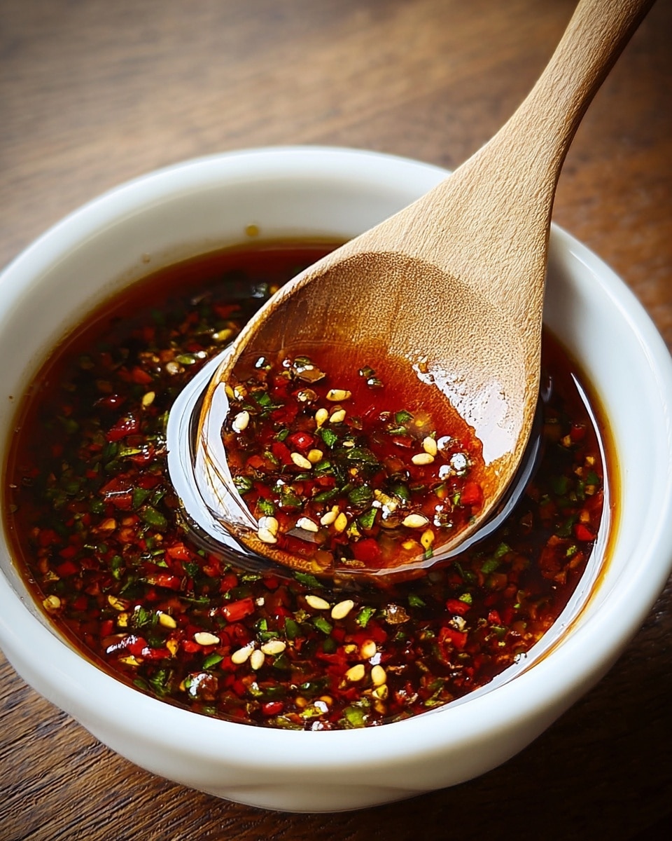 A white bowl filled with a dark reddish-brown sauce that has bright red chili flakes, yellow seeds, and chopped green herbs floating on the surface. Inside the bowl, there is a wooden spoon resting diagonally with some of the sauce on it, showing the texture and colors clearly. The bowl is placed on a white marbled surface, with soft lighting highlighting the shine on the sauce and the wood grain of the spoon. photo taken with an iphone --ar 4:5 --v 7