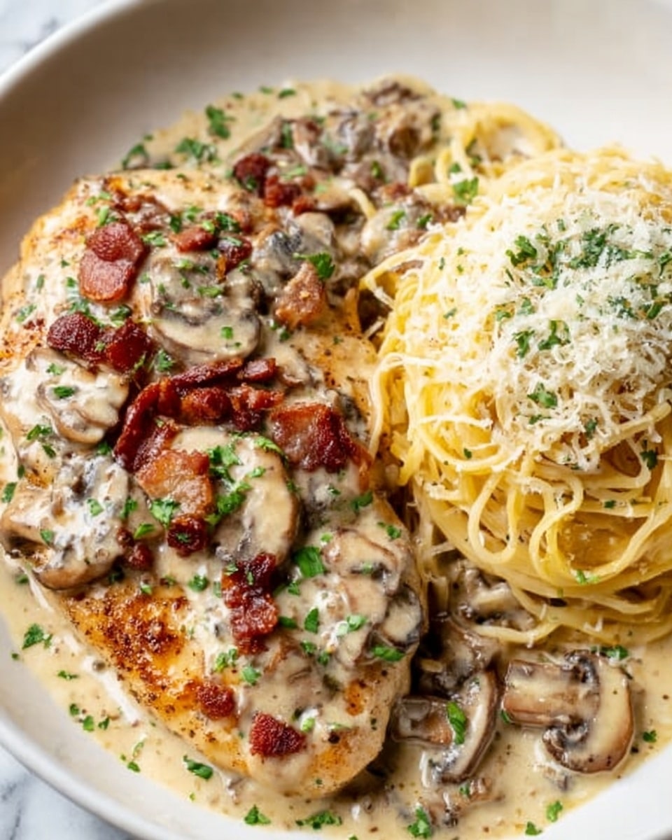 A white plate holds a dish with two parts: on the left, a thick, golden-brown chicken breast covered with creamy white mushroom sauce that includes sliced brown mushrooms and small pieces of crispy red bacon, all sprinkled with chopped green parsley; on the right, a mound of yellow spaghetti noodles topped with a generous layer of finely grated white cheese and a light sprinkle of parsley, all placed on a white marbled surface. photo taken with an iphone --ar 4:5 --v 7