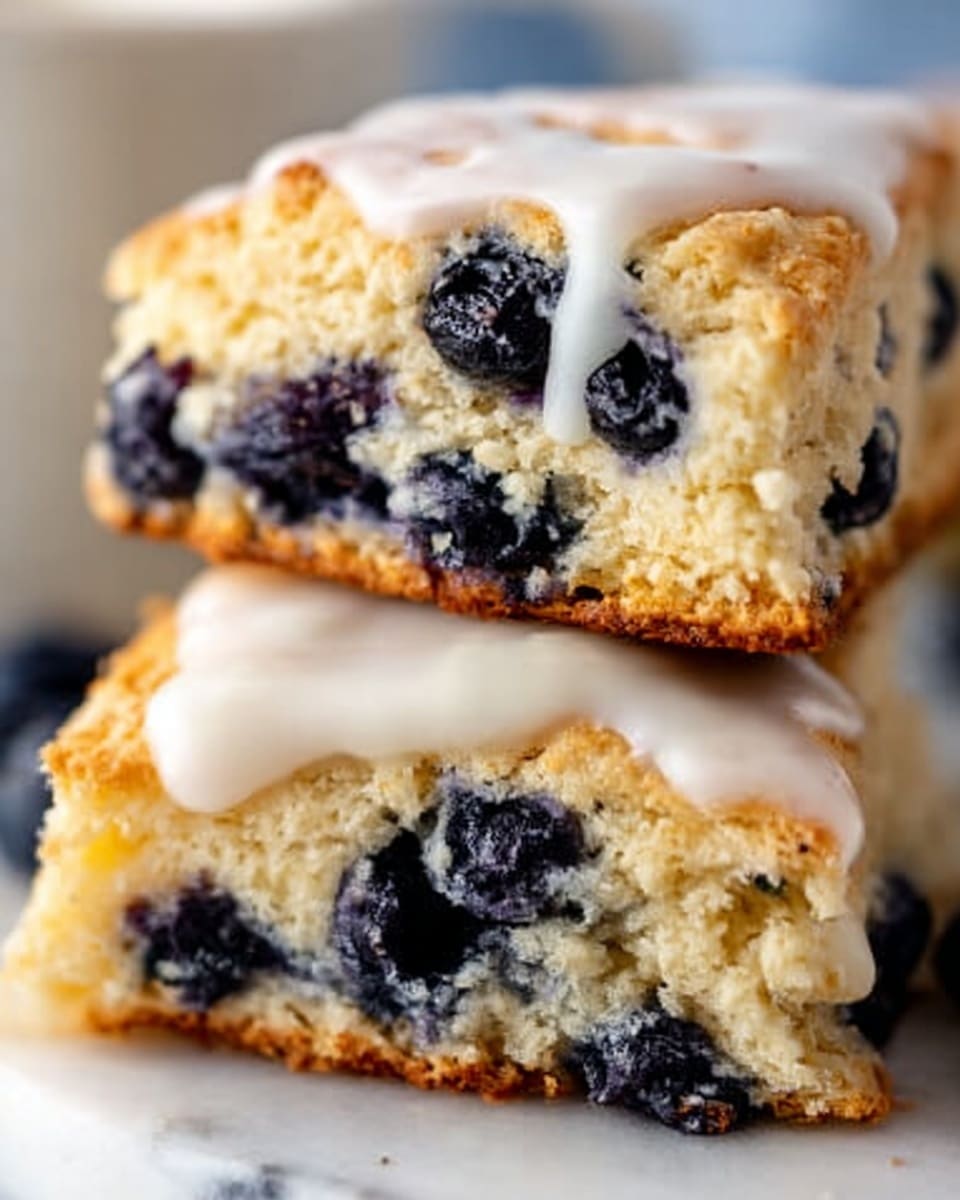 The image shows two pieces of blueberry scones stacked on top of each other on a white marbled surface. The scones have a rough, crumbly texture with visible whole blueberries embedded inside, giving dark blue spots throughout the light golden-brown dough. The top scone is partly covered with a smooth white icing that drips slightly over the edges. The close-up focuses on the scones’ soft and crumbly layers with a hint of gloss from the icing. Photo taken with an iphone --ar 4:5 --v 7