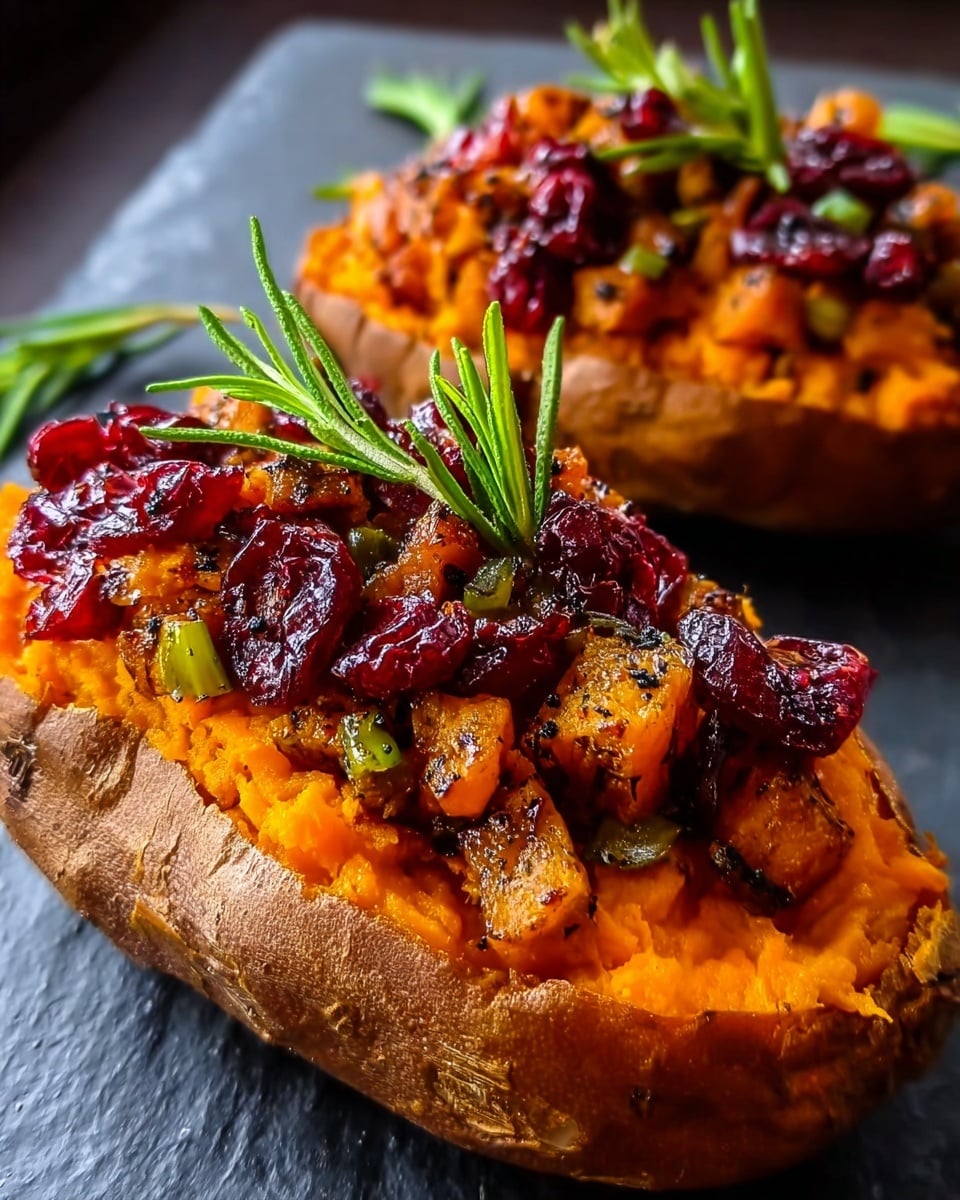 This image shows a baked sweet potato cut in half, filled with bright orange mashed sweet potato as the base layer, packed inside its brown skin shell. On top of this is a layer of diced orange and light brown cooked vegetables mixed with small green herb pieces, and sprinkled with black pepper. The topmost layer consists of dark red dried cranberries and small green rosemary leaves, with a fresh green rosemary sprig placed in the center. The dish is presented on a black slate surface, contrasting with the richly colored filling. photo taken with an iphone --ar 4:5 --v 7