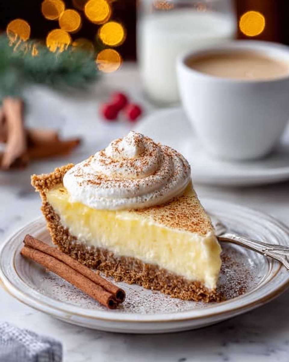 A slice of creamy pie sits on a white plate with a slightly raised edge, showing three clear layers: a crumbly brown crust at the bottom, a thick smooth pale yellow custard filling in the middle, and a fluffy white whipped cream topping dusted with light brown cinnamon powder. A cinnamon stick rests beside the slice on the plate. In the background, a white cup and saucer with coffee and a glass of milk fill the scene, all set against a white marbled surface, with warm bokeh lights adding a cozy feel. Photo taken with an iphone --ar 4:5 --v 7