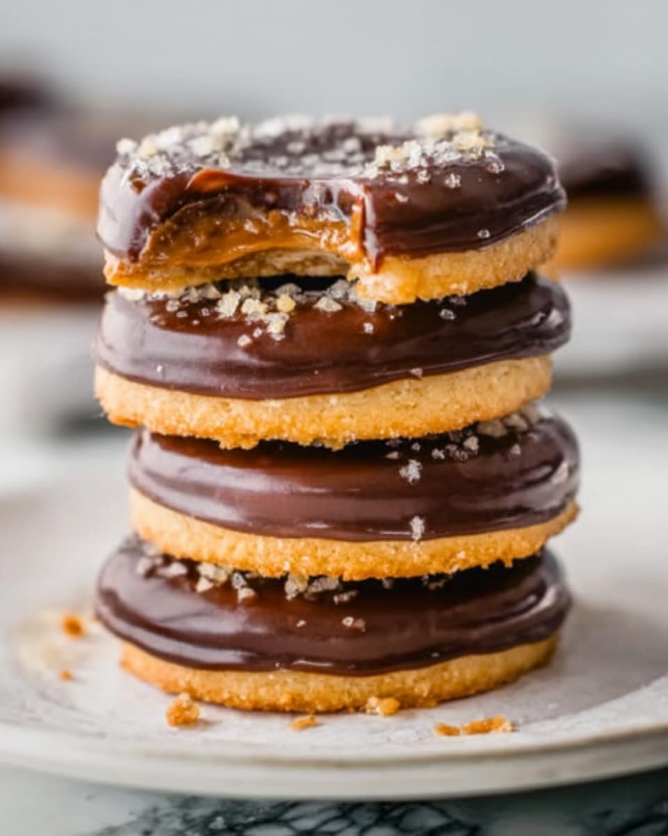 The image shows a stack of four round cookies, each covered with a smooth, shiny layer of dark chocolate on top. The bottom part of the cookies is a light golden brown with a crunchy texture. The chocolate coating has some small nut pieces sprinkled on the edges. The cookies are stacked unevenly on a white plate with a few crumbs around. The background is a white marbled surface that adds a clean look to the image. photo taken with an iphone --ar 4:5 --v 7