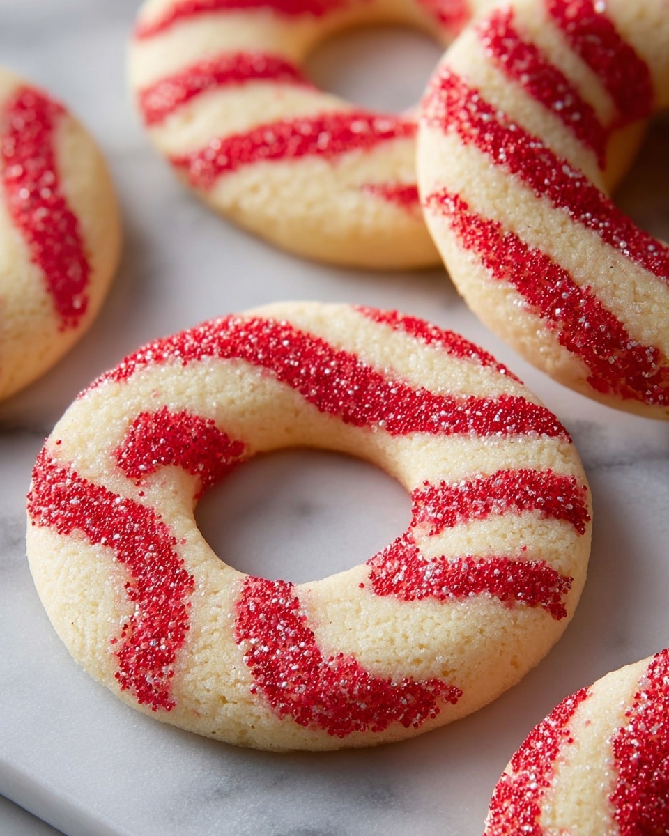 The image shows round cookies with a hole in the middle, resembling wreaths. Each cookie has two main layers, a smooth pale cream base with swirled bright red sugar crystals sprinkled on top in curved lines, creating a striped pattern that follows the round shape. The red sugar sparkles contrast with the soft yellow dough, making the cookies look festive and textured. They are placed on a white marbled surface that adds a clean and light background to highlight the colors and details of the cookies. Photo taken with an iphone --ar 4:5 --v 7