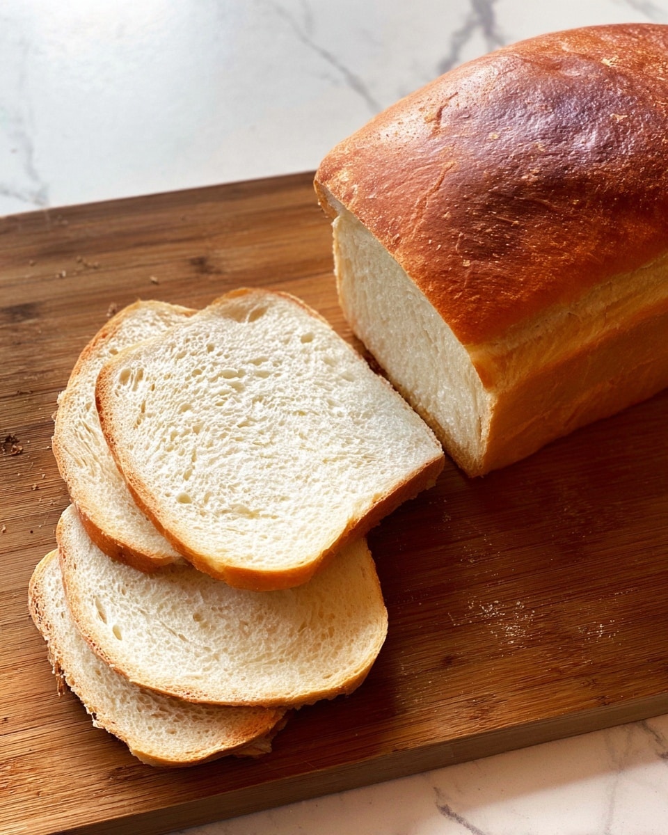 The image shows a loaf of light golden brown bread with a slightly cracked crust on the right side of the frame, resting on a wooden cutting board. To the left of the loaf, there are three neatly cut slices laid out in a slight overlapping pattern, showing a soft, airy, and pale cream inside texture. The bread and slices are set against a white marbled surface visible at the edge. photo taken with an iphone --ar 4:5 --v 7