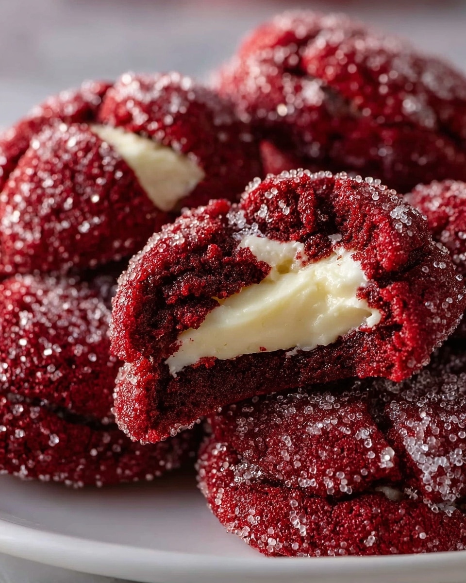 A close-up of several red velvet cookies covered with sparkling white sugar crystals, each cookie has a deep red color with a soft and crumbly texture. The cookies are arranged on a white plate, with one cookie broken in half showing a creamy, smooth white filling inside the center. The sugar coating on the cookies adds a shiny, grainy texture that contrasts with the soft inner cream. The cookies are stacked closely together, with the white marbled surface softly blurred in the background. photo taken with an iphone --ar 4:5 --v 7