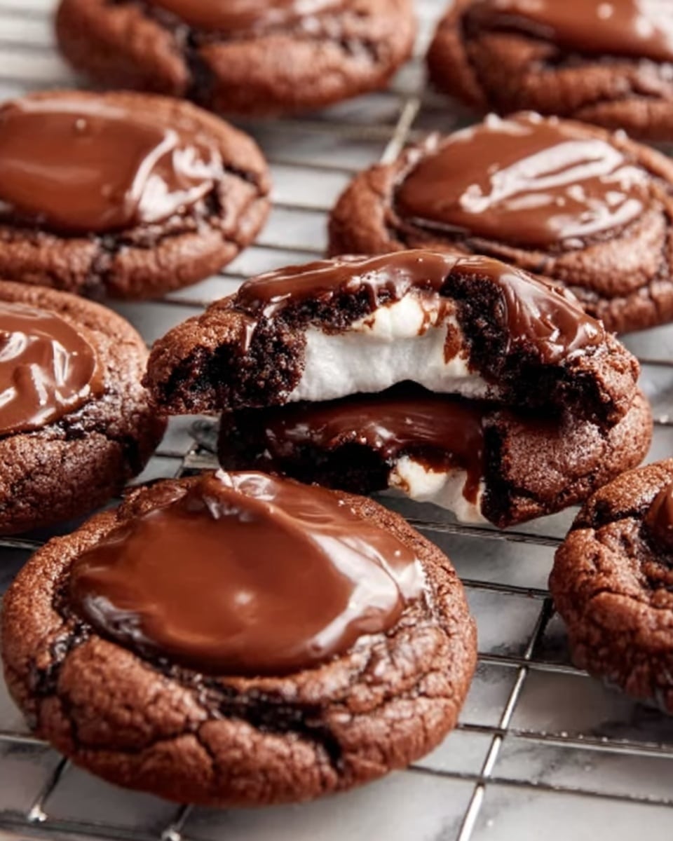 The image shows several chocolate cookies with a rich dark brown color sitting on a white marbled surface with a metal cooling rack underneath. Each cookie is topped with a smooth layer of glossy melted chocolate spread evenly. One cookie is broken in half, revealing a soft white marshmallow center inside the thick, chewy chocolate dough. The cookies have a slightly cracked texture on the edges, showing a soft inside. The warm, shiny chocolate on top contrasts with the matte cookie base, creating a rich, inviting look. Photo taken with an iphone --ar 4:5 --v 7