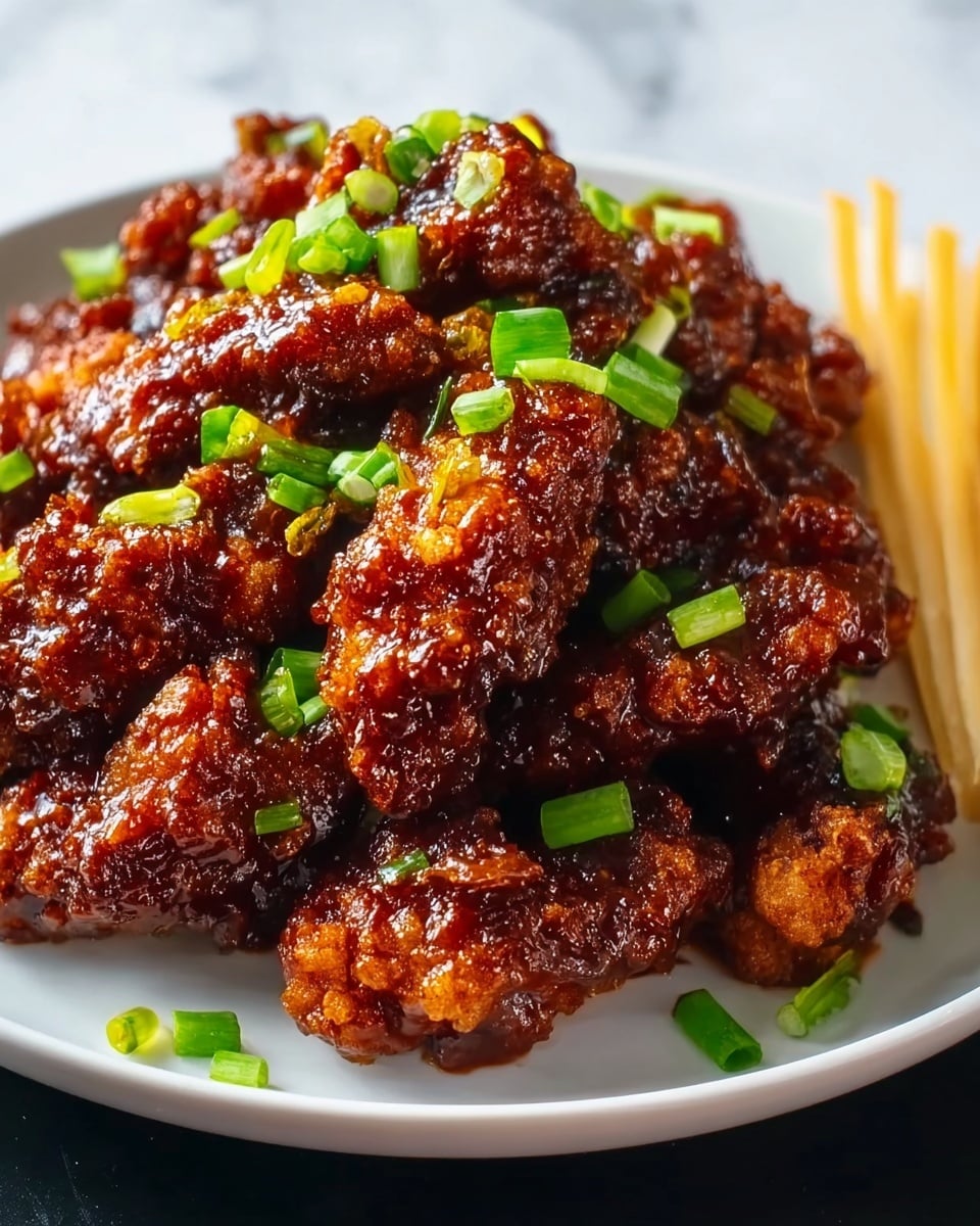 A white bowl filled with several pieces of glossy, dark brown fried chicken coated in a thick sauce, topped with bright green chopped scallions scattered evenly over the chicken. To the side of the bowl, thin, light beige strips of bamboo shoots or similar garnish lean gently against the chicken. The background features a white marbled texture beneath the bowl. photo taken with an iphone --ar 4:5 --v 7
