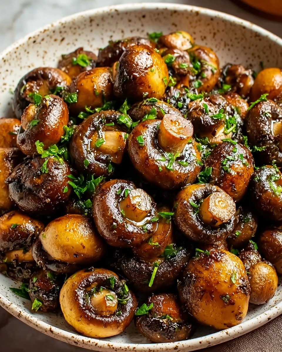 A close-up view of a white speckled bowl filled with cooked mushrooms, each mushroom browned and glossy with oil, showing varying sizes and textures, with dark crispy edges and soft interiors. Bright green chopped herbs are sprinkled evenly over the mushrooms, adding contrast to the rich brown tones. The bowl sits on a white marbled surface with soft lighting that highlights the shine and texture of the mushrooms. Photo taken with an iphone --ar 4:5 --v 7