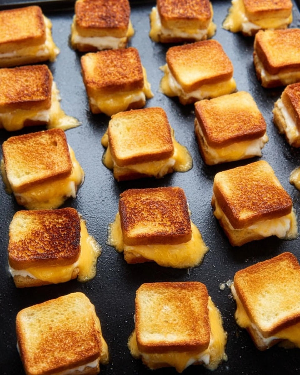 The image shows small square grilled cheese sandwiches cut into bite-size pieces, arranged in several rows on a black cooking surface. Each piece has a crispy, golden-brown toasted bread layer on the top and bottom, while the melted cheese inside is creamy and slightly oozing out between the bread layers. The overall texture of the sandwiches looks crunchy on the outside and soft on the inside. The background features a white marbled texture. photo taken with an iphone --ar 4:5 --v 7