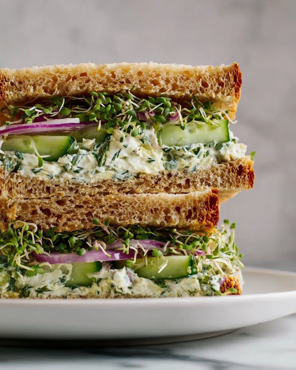 A close-up of a sandwich cut in half and stacked, showing two layers of light brown whole grain bread with a coarse texture. Each sandwich half contains a thick layer of creamy white cucumber salad mixed with green cucumber slices and small herb bits. On top of the cucumber layer, there are thin, curved slices of purple onion and a heap of fresh green sprouts with thin stems and small leaves. The sandwich sits on a simple white plate on a white marbled surface, and the overall image is bright with soft lighting. photo taken with an iphone --ar 4:5 --v 7