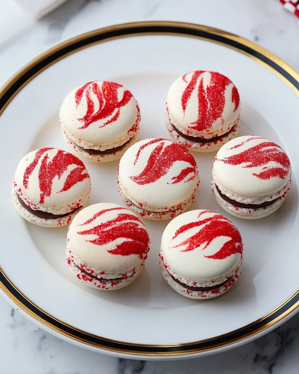 Seven round macarons are arranged in a circle on a white plate with a thin black and gold rim. Each macaron has two layers of smooth, white shells with vibrant red swirls on top that look like painted flames. Between the shells, there is a dark chocolate filling that peeks out slightly and is coated with crushed white and red bits around the edges. The plate is placed on a white marbled surface. photo taken with an iphone --ar 4:5 --v 7