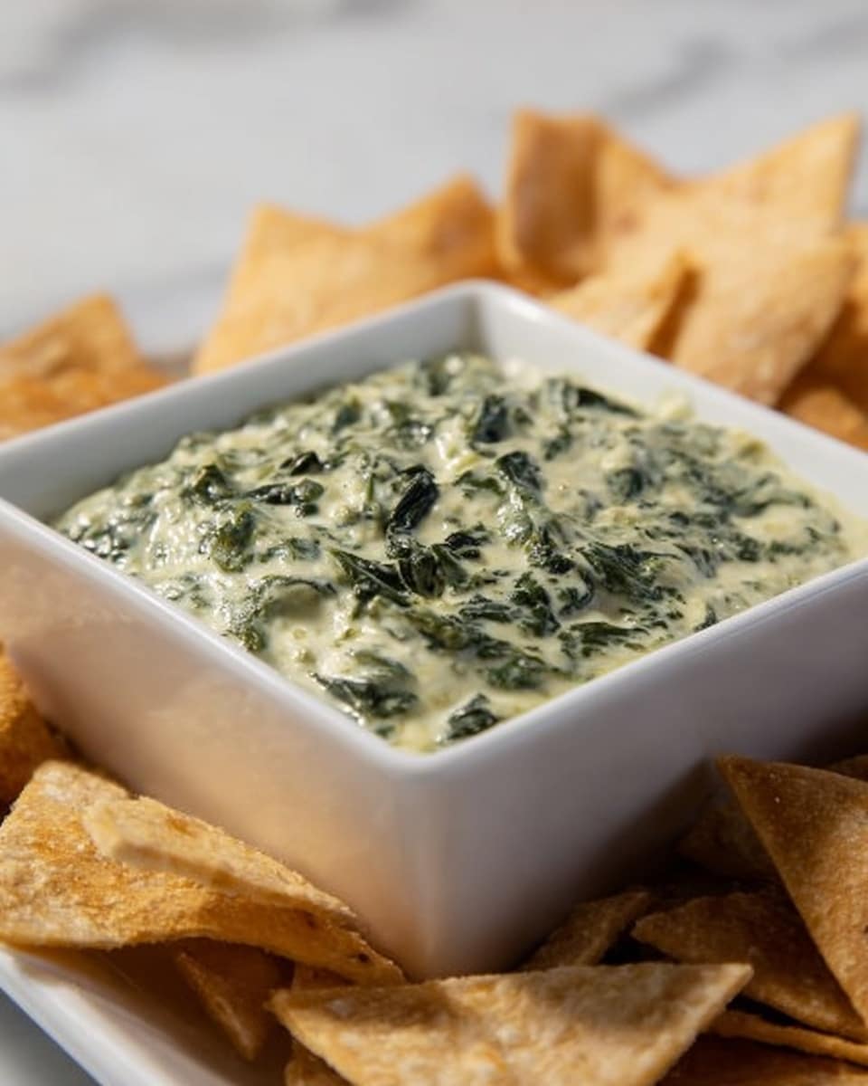 A square white dish filled with creamy spinach dip that has a light green color and dark green spinach pieces visible throughout, sitting on a white marbled surface. The dish is surrounded by light brown crispy pita chips stacked casually on both sides with some chips leaning on the dish's edge. The scene is softly lit, focusing on the texture of the dip and the chips' crispiness. Photo taken with an iphone --ar 4:5 --v 7