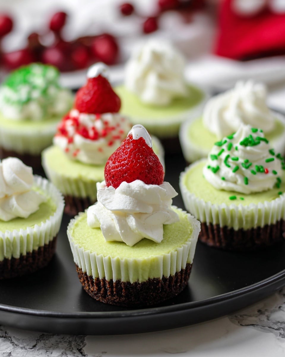 The image shows several mini cheesecakes in white paper liners arranged on a black plate on a white marbled surface. Each cheesecake has three layers: a dark brown crumbly crust at the bottom, a smooth light green middle layer, and a topping. Some cheesecakes are topped with a dollop of white whipped cream sprinkled with small green and red sprinkles. Others have white whipped cream spread around a bright red strawberry with a small dollop of whipped cream on its tip. Red berries are blurred in the background. Photo taken with an iphone --ar 4:5 --v 7