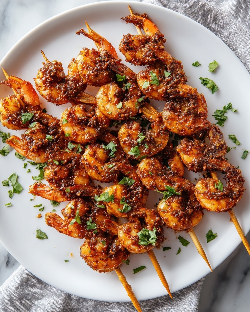 A white round plate filled with six wooden skewers, each skewer holding several grilled shrimp coated in a chunky, dark reddish-brown spicy sauce with visible herbs and small bits. The shrimp are orange with grill marks, and the sauce covers each piece unevenly, giving a textured look. Fresh green chopped herbs are sprinkled on top and around the shrimp, adding a bright contrast. The plate sits on a white marbled surface with a folded light gray cloth partially visible on the left side. photo taken with an iphone --ar 4:5 --v 7