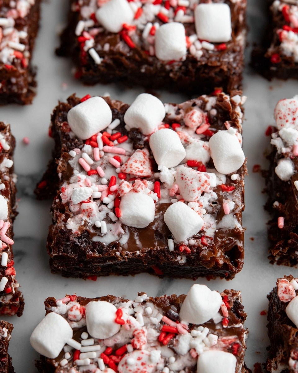 The image shows a close-up view of several square pieces of a layered dessert bar, each about two layers thick. The bottom layer is dark brown and chocolatey with rough texture from nuts or cereal, while the top layer is glossy melted chocolate mixed with soft white marshmallows. Scattered all over the top are small red, white, and pink sprinkles including tiny rods, round beads, and snowflake shapes, adding colorful detail. Large white marshmallows are placed on top of some squares, contrasting with the dark chocolate. The bars are laid out on a white marbled surface. photo taken with an iphone --ar 4:5 --v 7