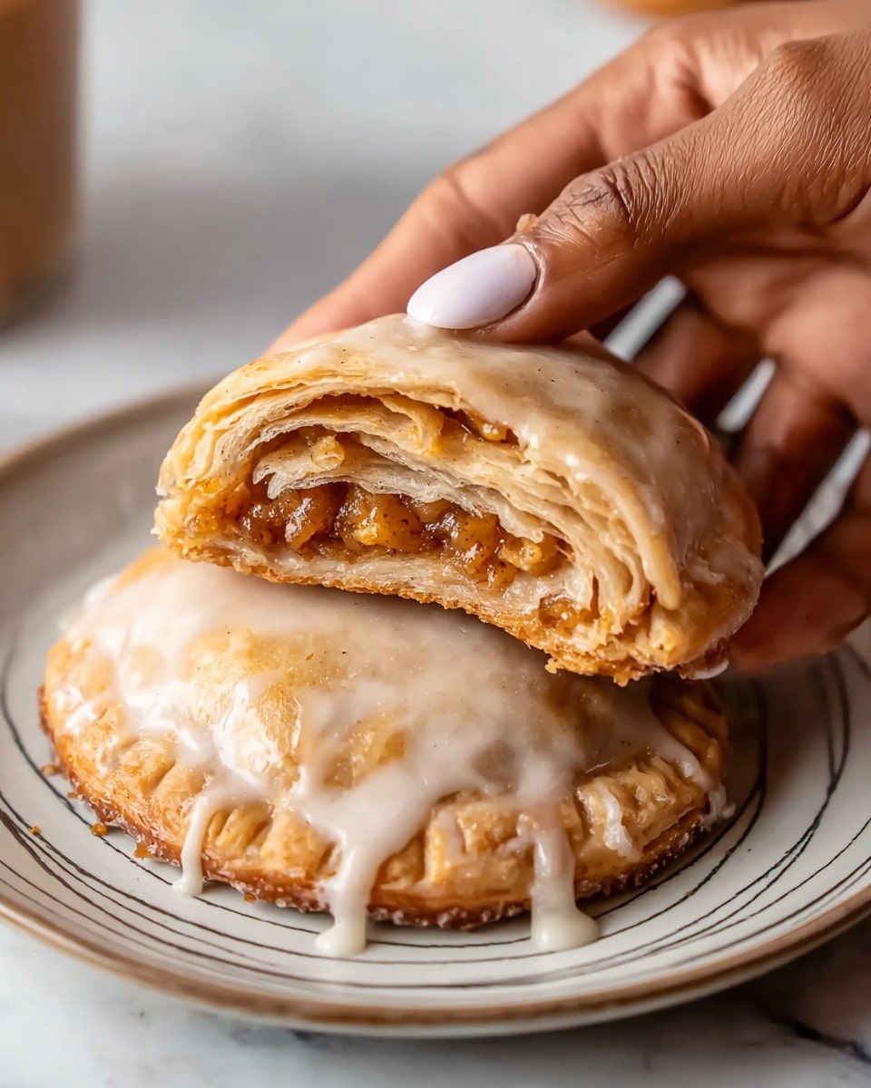 A close-up image showing two round pastries stacked on a white plate with a black lined edge, placed on a white marbled surface. The pastries have a light brown, flaky layered crust with a glossy light beige glaze drizzled over the top one, which is broken in half by a woman's hand, revealing an inner filling of soft, chunky brown and orange layers. The bottom pastry is whole with some glaze dripping down the sides. photo taken with an iphone --ar 4:5 --v 7