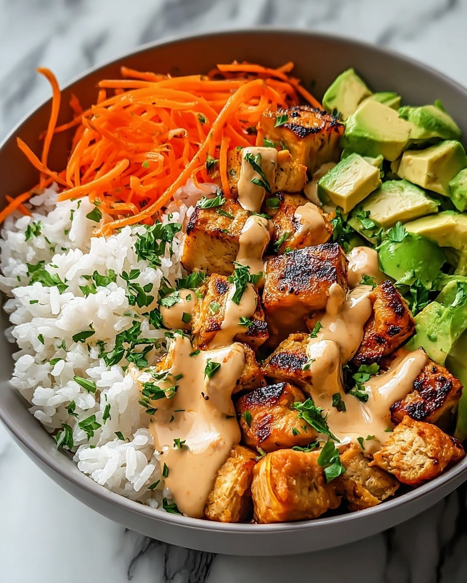 In a white bowl on a white marbled surface, there is a vibrant dish with five visible layers. At the bottom left corner, a bed of fluffy white rice forms the first layer. Next to it, on the top left, finely shredded bright orange carrots create a neat pile. In the middle, slightly charred golden-brown grilled chicken pieces, cut into cubes, are arranged closely together and sprinkled with green herbs. To the right of the chicken, there are fresh avocado chunks with a pale green color, evenly sized. Covering the chicken and part of the avocado, a creamy light brown sauce with a smooth texture is drizzled, topped with more herbs for garnish. Photo taken with an iphone --ar 4:5 --v 7