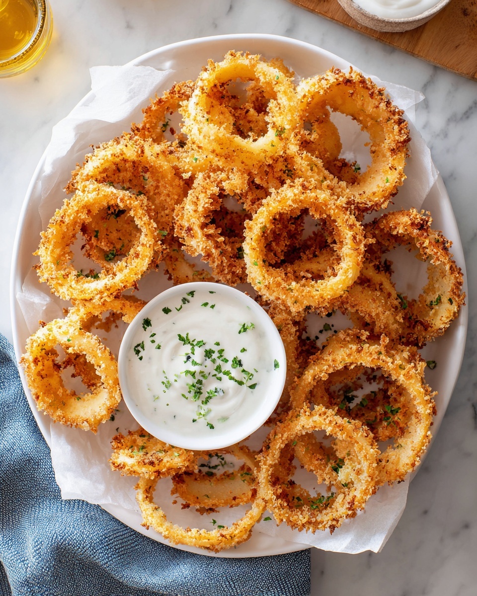 A white bowl filled with many golden brown, crispy fried onion rings that have a slightly rough texture and are sprinkled with small green herb pieces. In the center of the bowl is a small white bowl containing smooth, creamy white dipping sauce topped with chopped green herbs. The bowl is placed on a white marbled surface with a bit of a blue cloth visible next to it. photo taken with an iphone --ar 4:5 --v 7