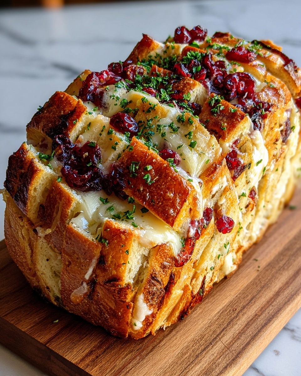 The image shows a loaf of pull-apart bread with multiple layers of thick golden-brown toasted bread slices, filled generously with melted white cheese and bright red cranberry pieces nestled between each section. Bright green chopped herbs are scattered on top, adding a fresh contrast to the rich colors. The bread has a slightly crispy texture on the outside, and soft, fluffy inside layers visible from the side. The loaf sits on a wooden board against a white marbled surface. photo taken with an iphone --ar 4:5 --v 7