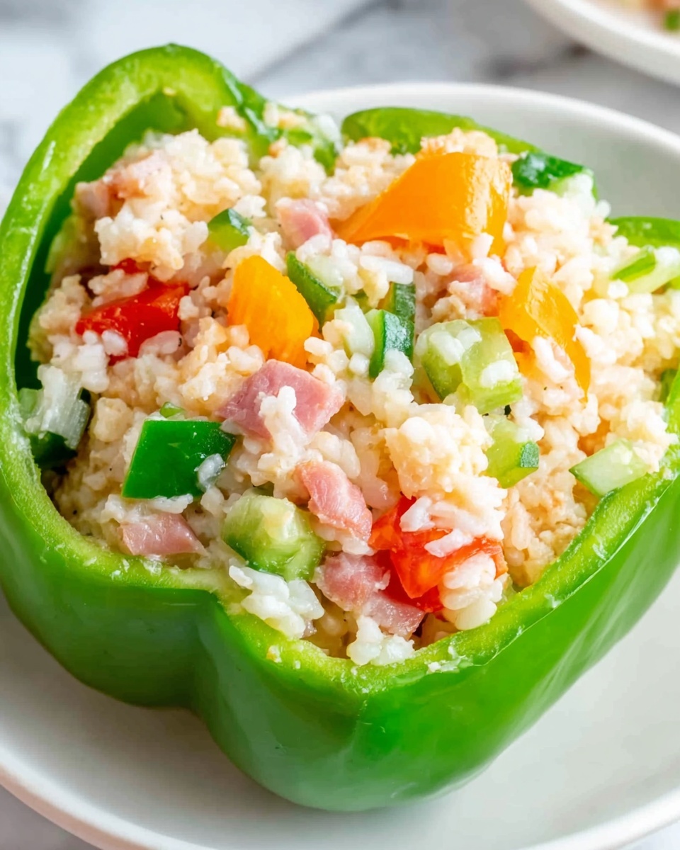 The image shows a close-up of a white plate with a large green bell pepper ring laid flat, filled with a mix of cooked white rice, small diced green vegetables, orange carrot pieces, red cherry tomato halves, and pink bits that appear to be ham or bacon. The bell pepper is fresh and glossy with a smooth texture. The filling is chunky and colorful, contrasting with the green pepper. The background is a white marbled surface. photo taken with an iphone --ar 4:5 --v 7