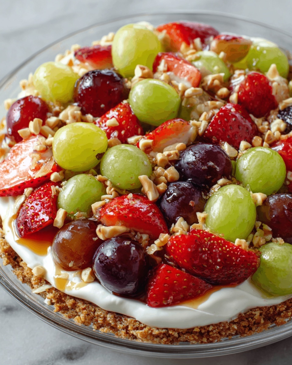 A white plate holds a fresh fruit tart with multiple layers, starting with a golden brown crust at the base. On top, there is a smooth white creamy filling, covered by an arrangement of colorful fruit pieces, including red strawberries sliced thinly around the edges, green grapes, purple grapes, and small nuts sprinkled evenly over the fruit. The bright colors of the fruit mix with the white cream and brown crust, placed on a white marbled surface. Photo taken with an iphone --ar 4:5 --v 7