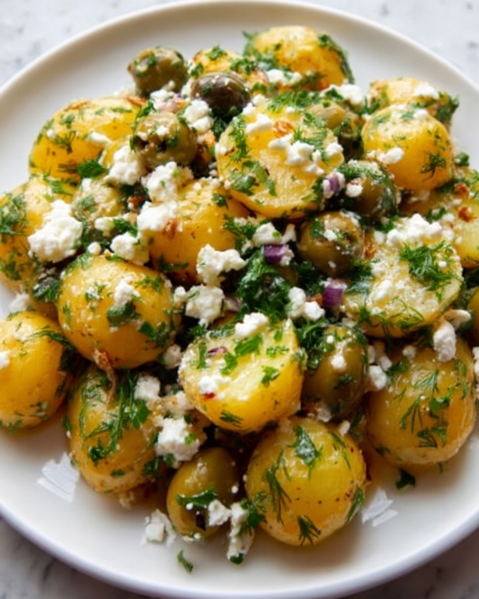 A white plate filled with small yellow potato pieces coated in herbs and green olives scattered throughout; the potatoes are mixed with white crumbled cheese that adds a soft texture on top and around them. Fresh green chopped parsley and dill are sprinkled evenly over the potatoes and cheese, giving a fresh look with tiny green leaves spread across the dish. The potatoes have a slight shine, showing they are tossed with oil or dressing. The white plate sits on a white marbled surface. photo taken with an iphone --ar 4:5 --v 7