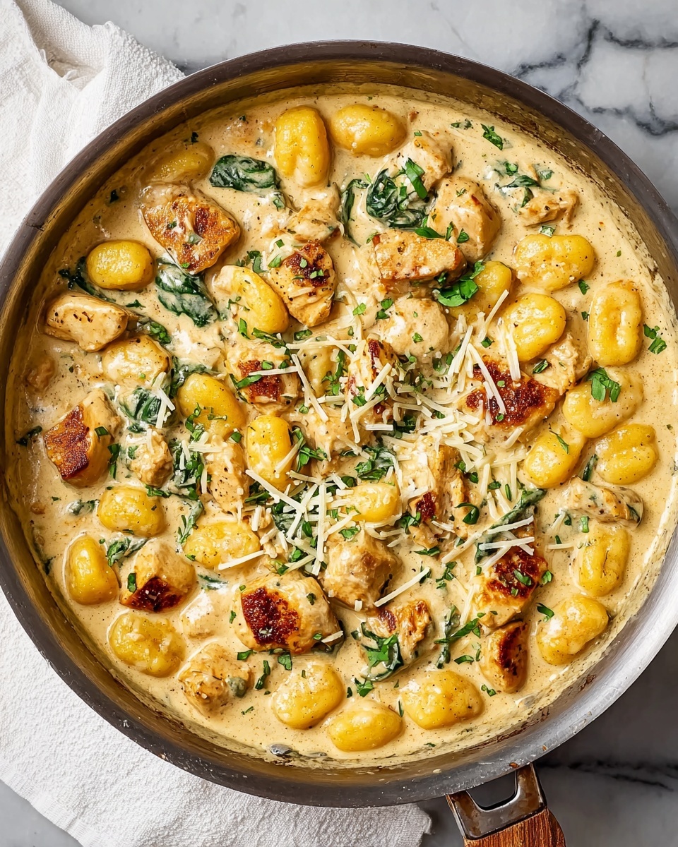 A round pan filled with a creamy dish showing three main layers: yellow gnocchi pieces scattered throughout, browned chunks of chicken positioned mainly on the top, and a thick, beige cream sauce that holds everything together. The sauce has visible small green herb slices mixed in, with additional shredded cheese and chopped green leaves sprinkled on top. The pan is set on a white marbled surface with part of a white cloth napkin visible under one handle. photo taken with an iphone --ar 4:5 --v 7