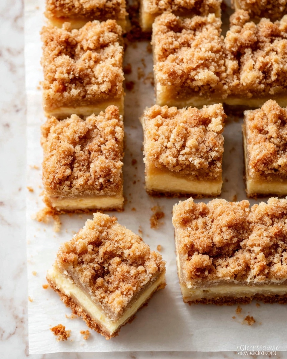 The image shows square pieces of crumb cake neatly arranged on a white marbled surface lined with parchment paper. Each piece has three distinct layers: a bottom light golden brown crust, a middle creamy pale yellow filling, and a top thick layer of crumbly streusel that is golden brown and textured with small clumps. One piece is turned to show all three layers clearly. The crumb topping covers the entire top surface of every piece, with some small crumbs scattered around. Photo taken with an iphone --ar 4:5 --v 7