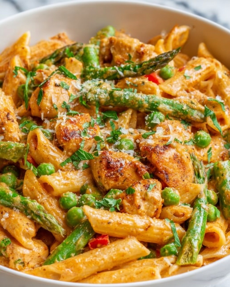 The image shows a close-up of a white bowl filled with penne pasta coated in a light orange sauce. Mixed throughout the pasta are green asparagus pieces, green peas, and chunks of cooked chicken with a golden-brown crust. Small bits of red pepper add a pop of color, and a sprinkle of grated cheese and chopped fresh green herbs are scattered on top, giving the dish a fresh and textured appearance. The background is a white marbled surface. Photo taken with an iphone --ar 4:5 --v 7