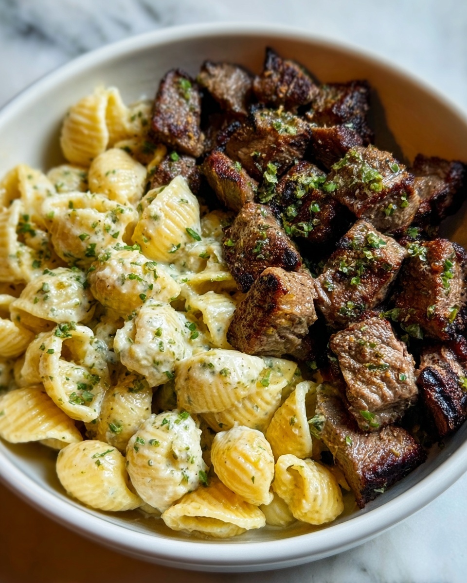 A white shallow bowl holds a meal divided into two sections: on the left, a layer of pale yellow, shell-shaped pasta with a creamy texture, topped with small pieces of bright green herbs sprinkled evenly; on the right, a pile of dark brown grilled meat pieces with a slightly crispy outside and a juicy inside, scattered with a few green herb flakes; the contrast between the creamy pasta and the rich, meaty texture is clear, all set against a white marbled surface. photo taken with an iphone --ar 4:5 --v 7