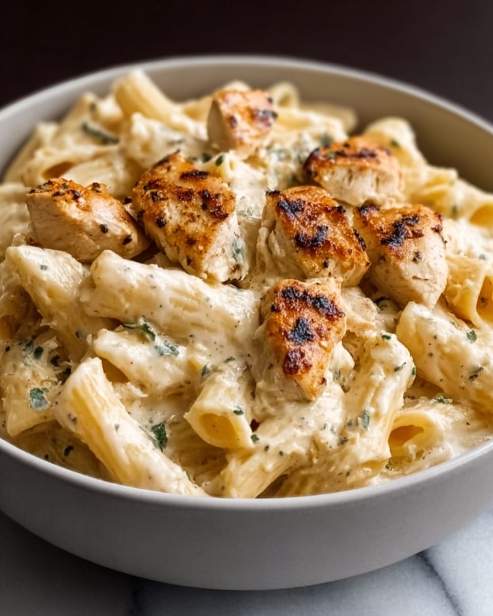 The image shows a white bowl filled with creamy pasta. The pasta shapes are large and tubular, covered in a thick cream sauce that has a light beige color. Pieces of grilled chicken, golden brown with a slight char, sit on top, scattered evenly across the pasta. The sauce has a smooth texture with small green herbs mixed in, adding tiny pops of color. The bowl is placed on a white marbled surface, creating a clean and simple background. Photo taken with an iphone --ar 4:5 --v 7