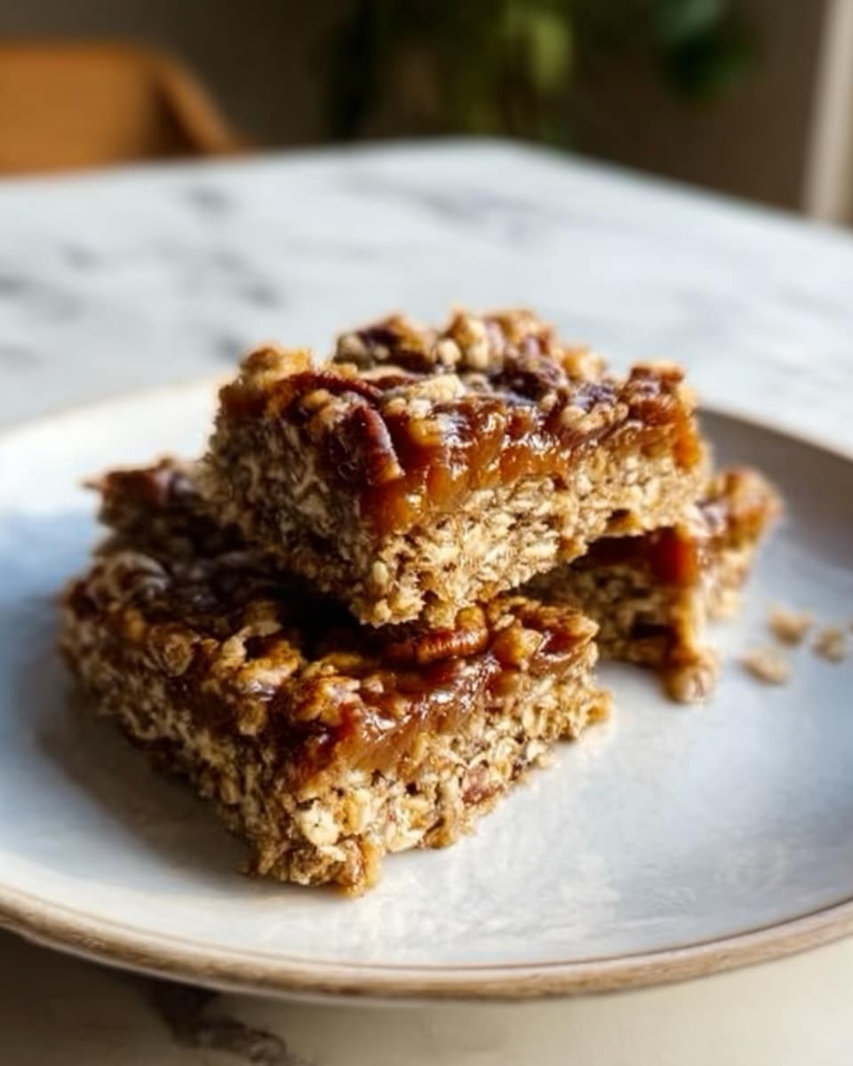 The image shows two rectangular oat bars stacked slightly on top of each other on a white plate. The bars have a rough texture with visible oats and small pieces of nuts or seeds embedded throughout. Their color is golden brown with some darker spots, showing they are baked. The edges are slightly crumbly. The plate is placed on a white marbled surface, with soft natural light coming from the background, creating a warm and cozy feel. Photo taken with an iphone --ar 4:5 --v 7