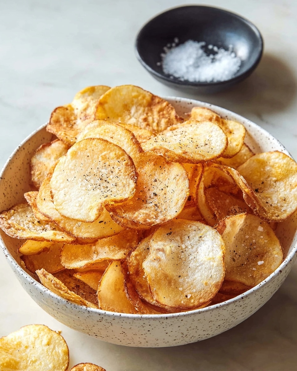 A white speckled bowl holds a generous pile of thin, crispy potato chips with golden-brown edges and lightly bubbled surfaces, some chips showing darker toasted spots, all sprinkled with fine black pepper and salt. The chips are layered unevenly, creating a textured mound that fills the bowl. In the background, a small black bowl with coarse salt sits on a white marbled surface, with scattered grains of salt around the bottom of the bowl. photo taken with an iphone --ar 4:5 --v 7