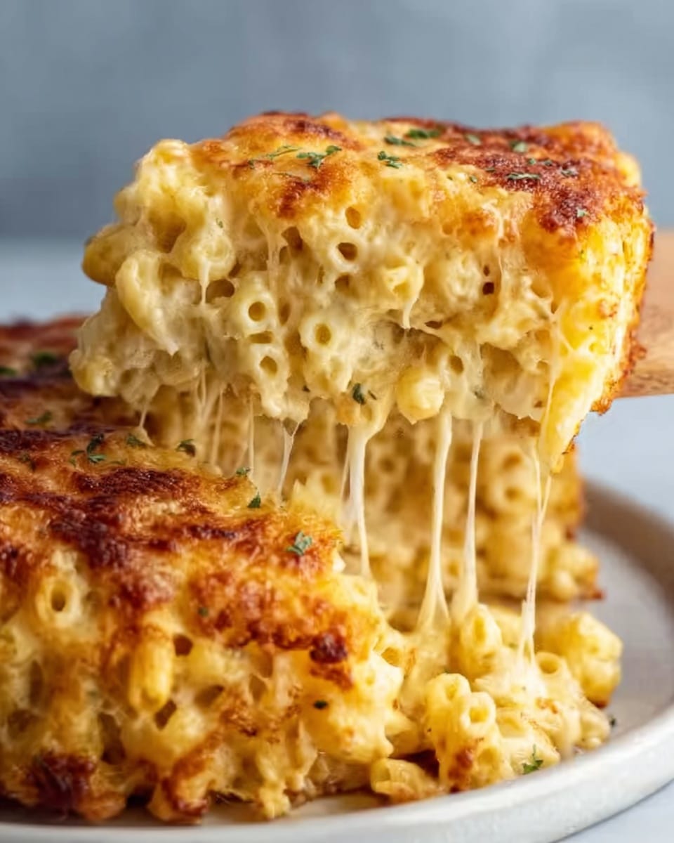 A close-up image of a thick, square slice of baked macaroni and cheese, showing multiple layers of creamy, yellow cheese sauce mixed with small pasta tubes. The top layer is golden brown and crispy with melted cheese strings stretching from the slice to the rest of the dish below. The inside layers have a smooth, gooey texture with bits of cheese and pasta clearly visible. The dish is served on a simple white plate placed against a white marbled surface. Photo taken with an iphone --ar 4:5 --v 7
