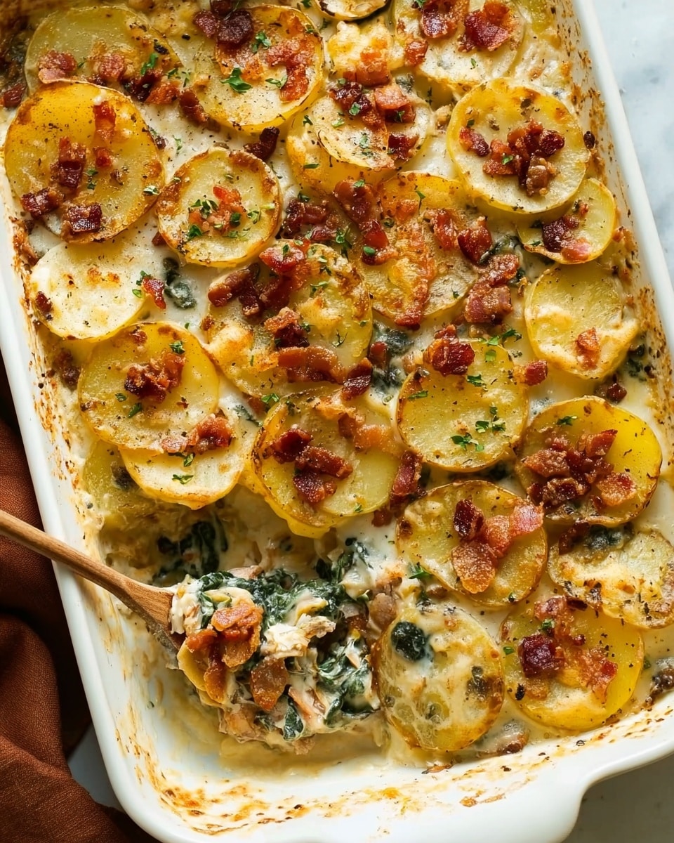 A white rectangular baking dish filled with a creamy potato casserole layered with thin, overlapping slices of golden yellow potatoes topped with small bits of crispy browned bacon and sprinkled green herbs. The texture is slightly crispy on the edges with a creamy sauce underneath, visible where a spoon has scooped a portion, showing cooked greens and meat mixed in the middle. The dish sits on a white marbled surface with a brown cloth peeking in from the left side. Photo taken with an iphone --ar 4:5 --v 7