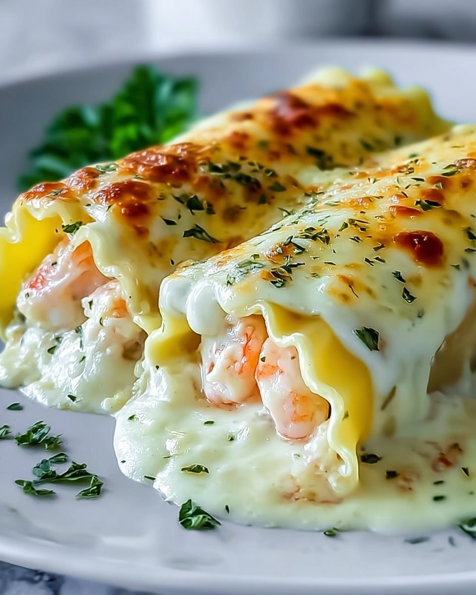 Two rolled pasta shells filled with plump, pink shrimp are shown close-up on a white plate. Each pasta roll is covered in a smooth, creamy white sauce that is melted and slightly browned on top with a golden crust. Green herbs are sprinkled on the sauce and around the plate, adding color contrast. The edges of the pasta are soft and slightly ruffled. The background is a white marbled texture. Photo taken with an iphone --ar 4:5 --v 7