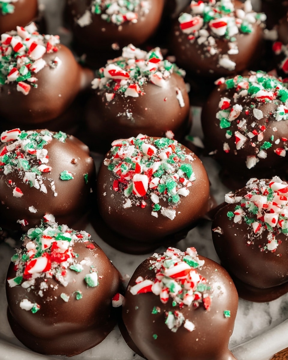 A close-up image of round chocolate balls coated in smooth, dark chocolate, each topped with small pieces of crushed red, white, and green candy canes that add a festive look. The chocolate coating looks glossy and slightly uneven, giving a handmade feel. The candy bits are scattered unevenly, with some pieces larger and some finely crushed, showing red stripes and green fragments clearly. The sweets are arranged closely together on a white plate with a crinkled white paper liner underneath, set on a white marbled surface. photo taken with an iphone --ar 4:5 --v 7
