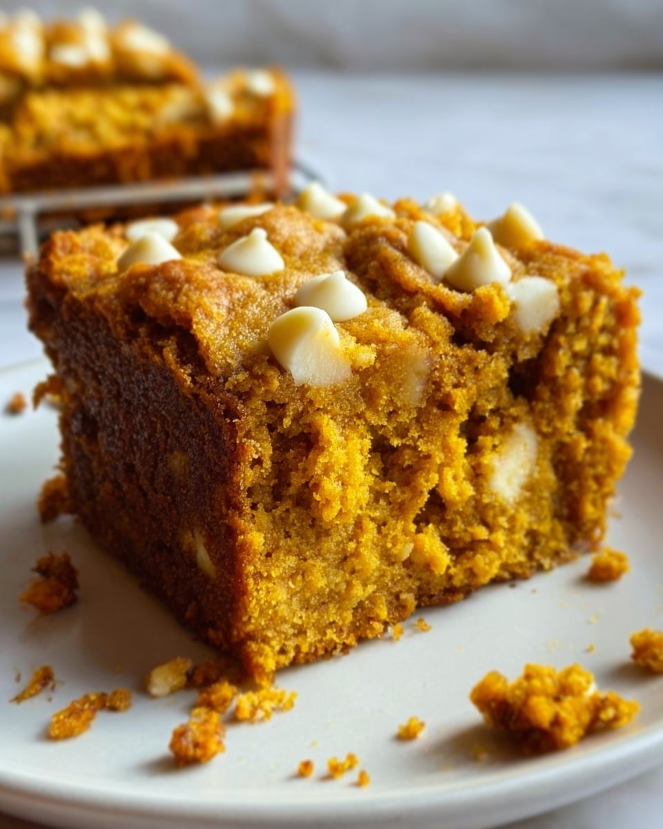 A close-up shows a thick square slice of pumpkin cake with white chocolate chips mixed inside and on top. The cake has a moist, dense orange-yellow inside with a slightly crumbly, golden-brown crust on the edges and top. The slice sits on a white plate on a white marbled surface, with crumbs scattered nearby. Photo taken with an iphone --ar 4:5 --v 7