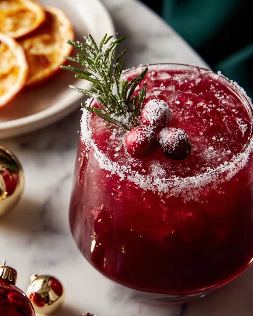 A deep red drink fills a clear glass showing a thick, icy texture inside. On top, powdery white sugar is sprinkled around one bright red cranberry and a green rosemary sprig, creating a fresh look. The glass sits on a white marbled surface with small shiny gold and red Christmas ornaments nearby. A white plate with orange slices and white sugar around the edges is partly shown at the bottom. photo taken with an iphone --ar 4:5 --v 7